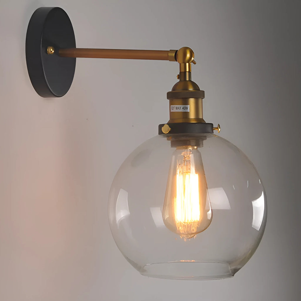 Retro round ball glass wall lamp in amber, smoke grey, or transparent, with aluminium holder, 20cm diameter.