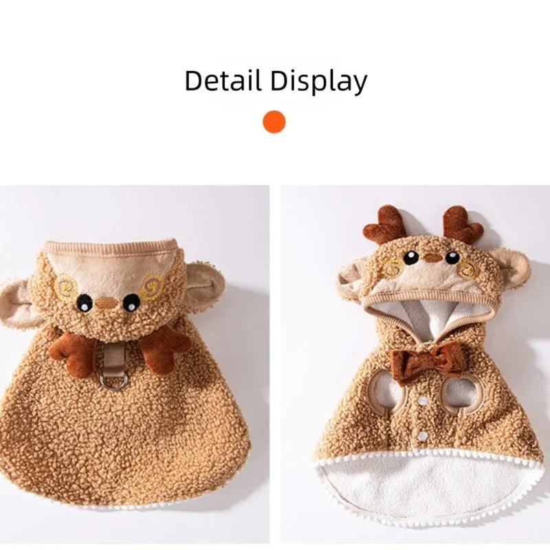 Christmas pet cape coat in granular velvet with tree-shaped hat, star, and D-ring, in green or khaki.
