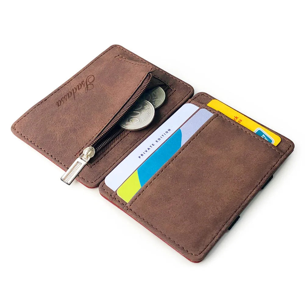 Korean style matte leather magic wallet showing horizontal square shape and sewing line detailing