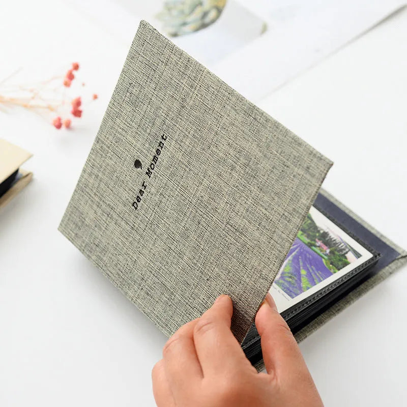 Cotton and linen loose-leaf pocket photo album for 3-inch and 5-inch photos, 14.5 x 15 x 3 cm, with PP pages.
