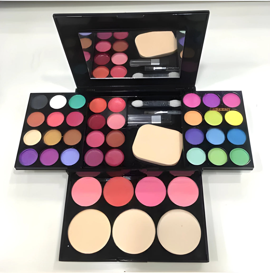 Compact 3-layer makeup box with 24 colour eyeshadow 8 colour lipstick and brushes in portable case 14.2cm x 11cm x 3cm