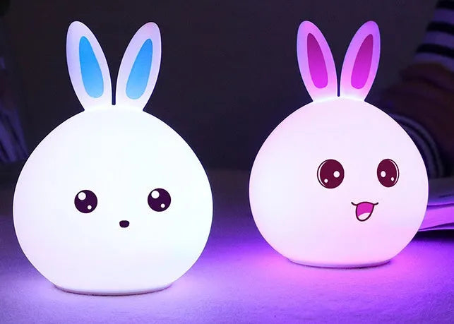 Cute silicone rabbit night light with touch sensor showing 7 LED colours, USB rechargeable, 120 x 108 x 163 mm