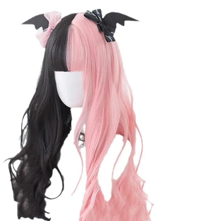 Harajuku Japanese Lolita long curly black and pink wig with full fringe, shown on a model.