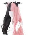 Harajuku Japanese Lolita long curly black and pink wig with full fringe, shown on a model.