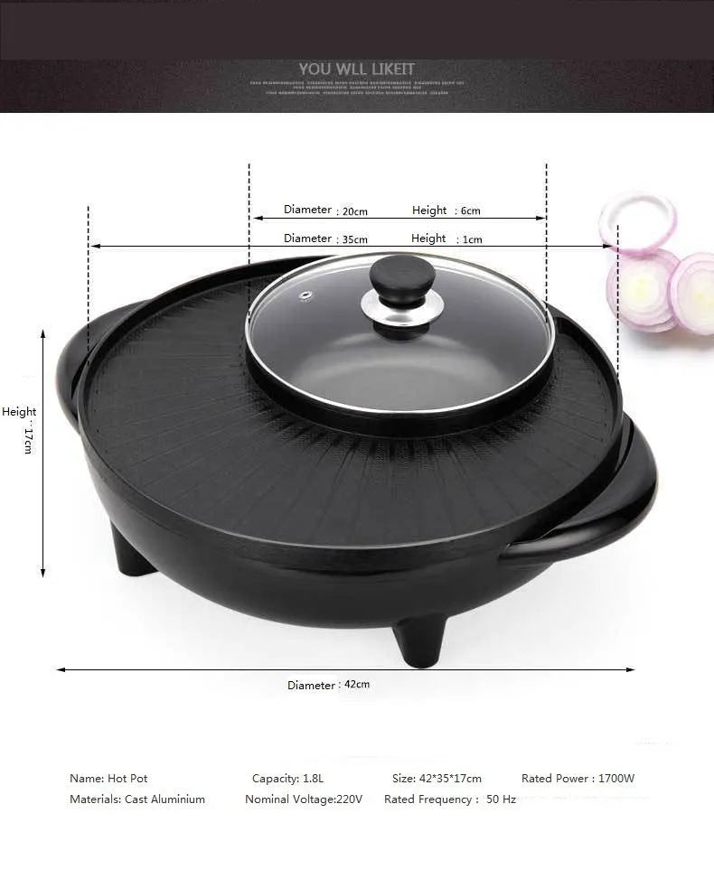 Black multifunctional electric hot pot and grill with a 26-30cm pot mouth and control panel.