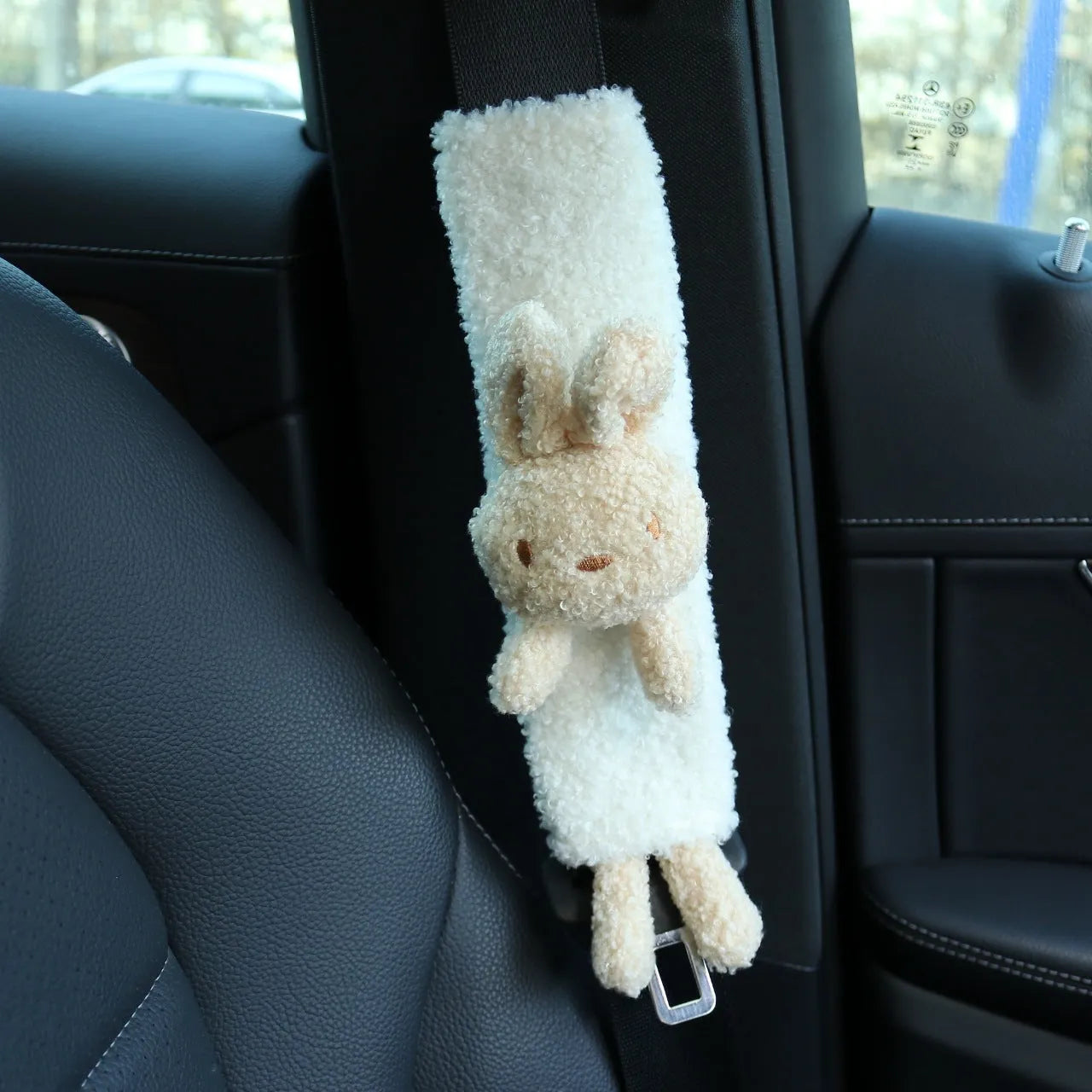 Cartoon plush car seat belt shoulder protector in lamb wool, showing Rabbit and Bear design options.