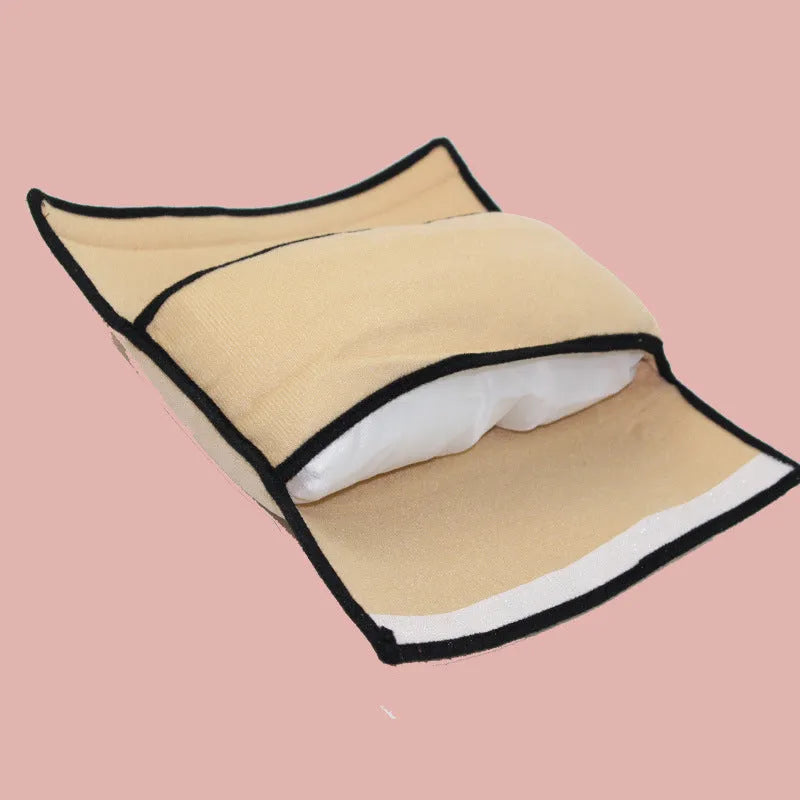 Children car pillow in microsuede fabric attached to a seatbelt, grey colour, 28.5cm by 9cm by 12cm
