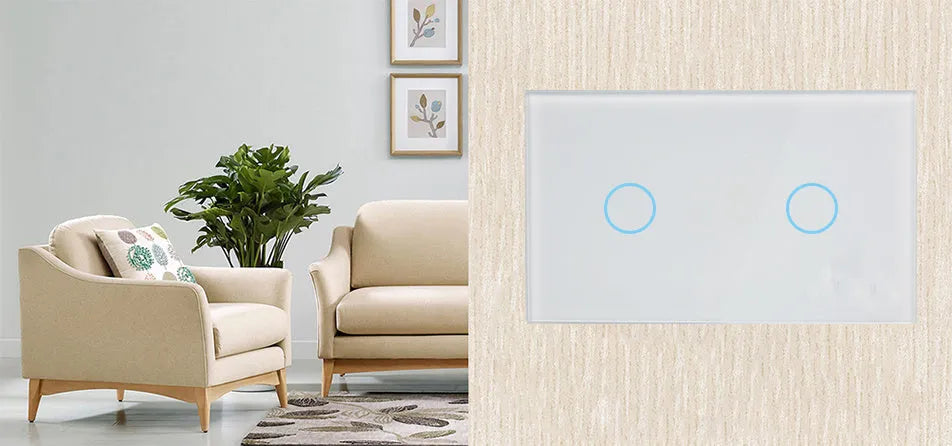 White 2-gang RF remote control touch light switch with tempered glass panel.