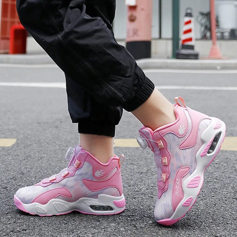 Children's rotating button fastening basketball shoes in black, pink, white & purple, and white blue.