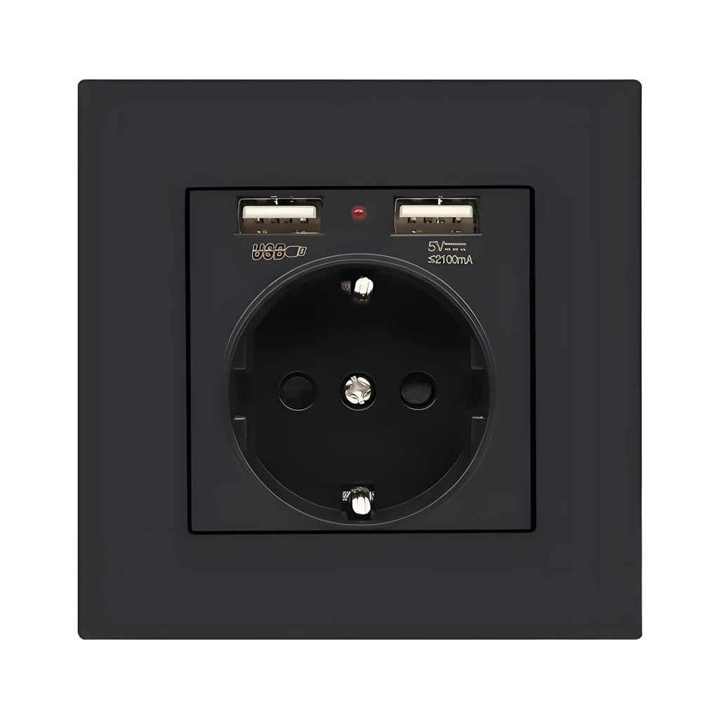 16A 25V white PC wall socket with black safety shutter and screw fixings on white background
