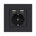 16A 25V white PC wall socket with black safety shutter and screw fixings on white background