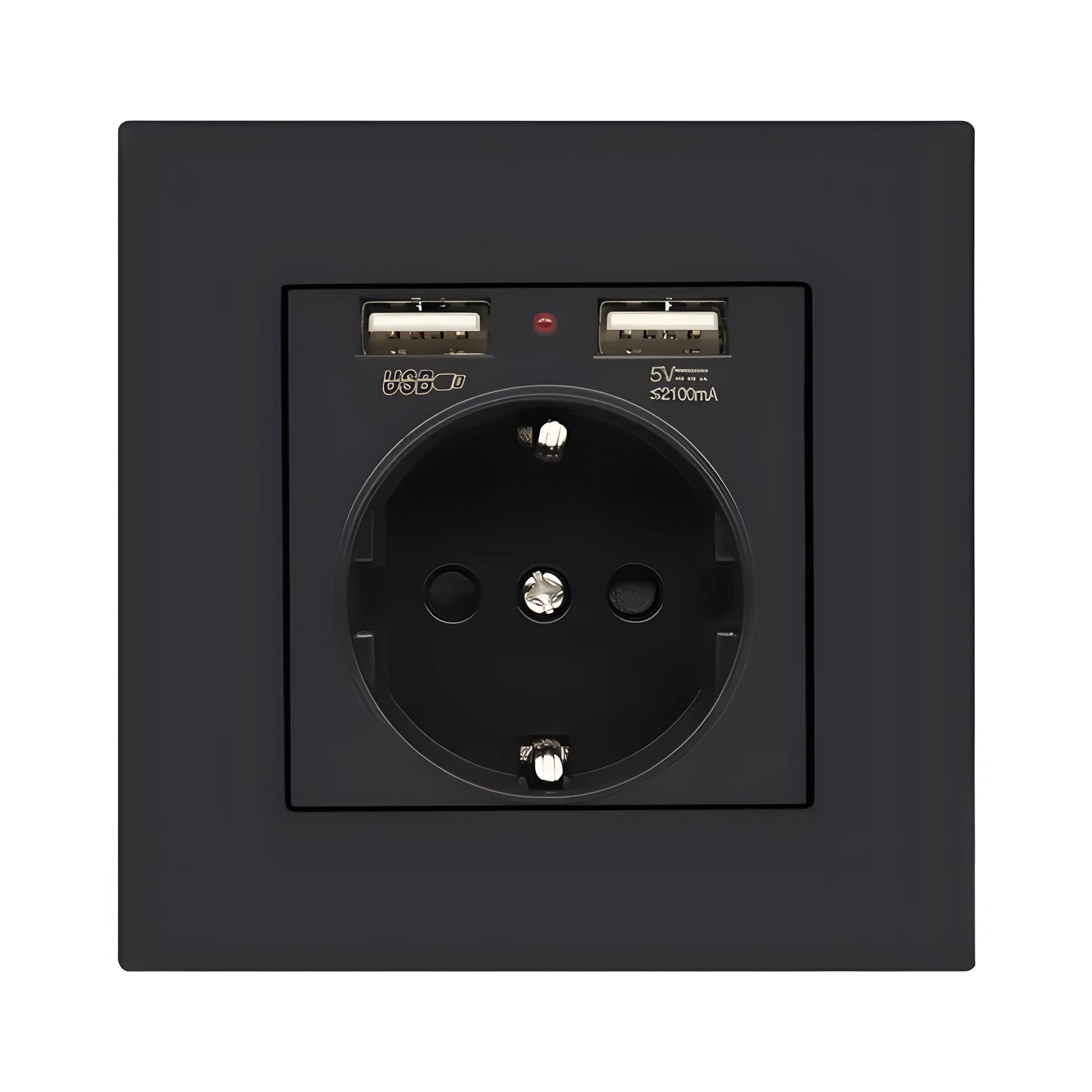 16A 25V white PC wall socket with black safety shutter and screw fixings on white background
