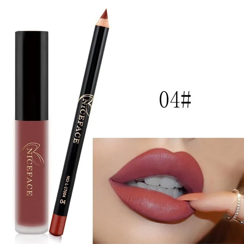 Matte lip gloss 5g and soft lip pencil 0.8g set in 12 colours with non-stick cup finish