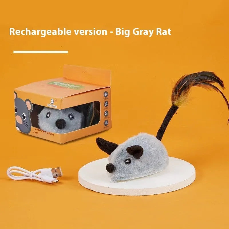Electric plush mouse cat toy with remote control showing forward motion on floor