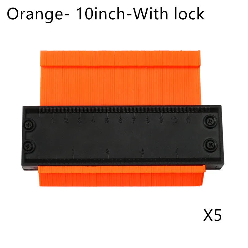 5 and 10 inch orange plastic contour gauge with teeth for copying shapes, on a tile surface