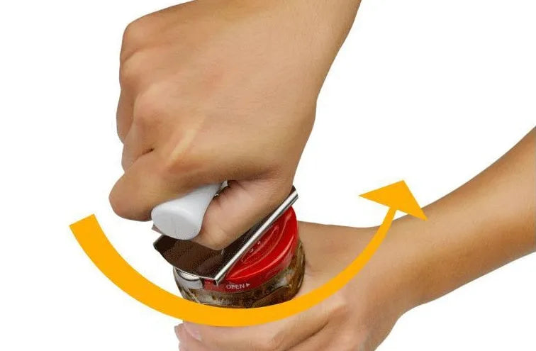 White stainless steel adjustable bottle opener with ABS plastic handle showing gear mechanism