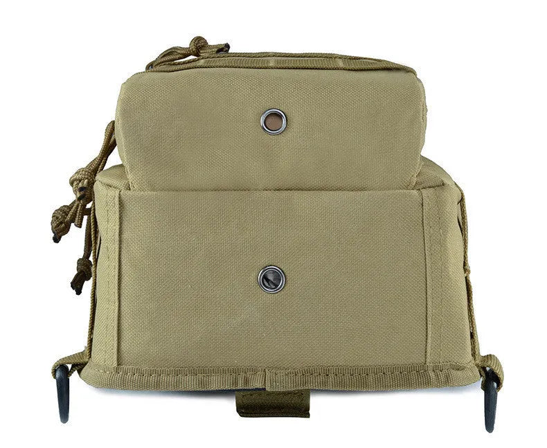Small military tactical backpack with MOLLE webbing and camouflage design.