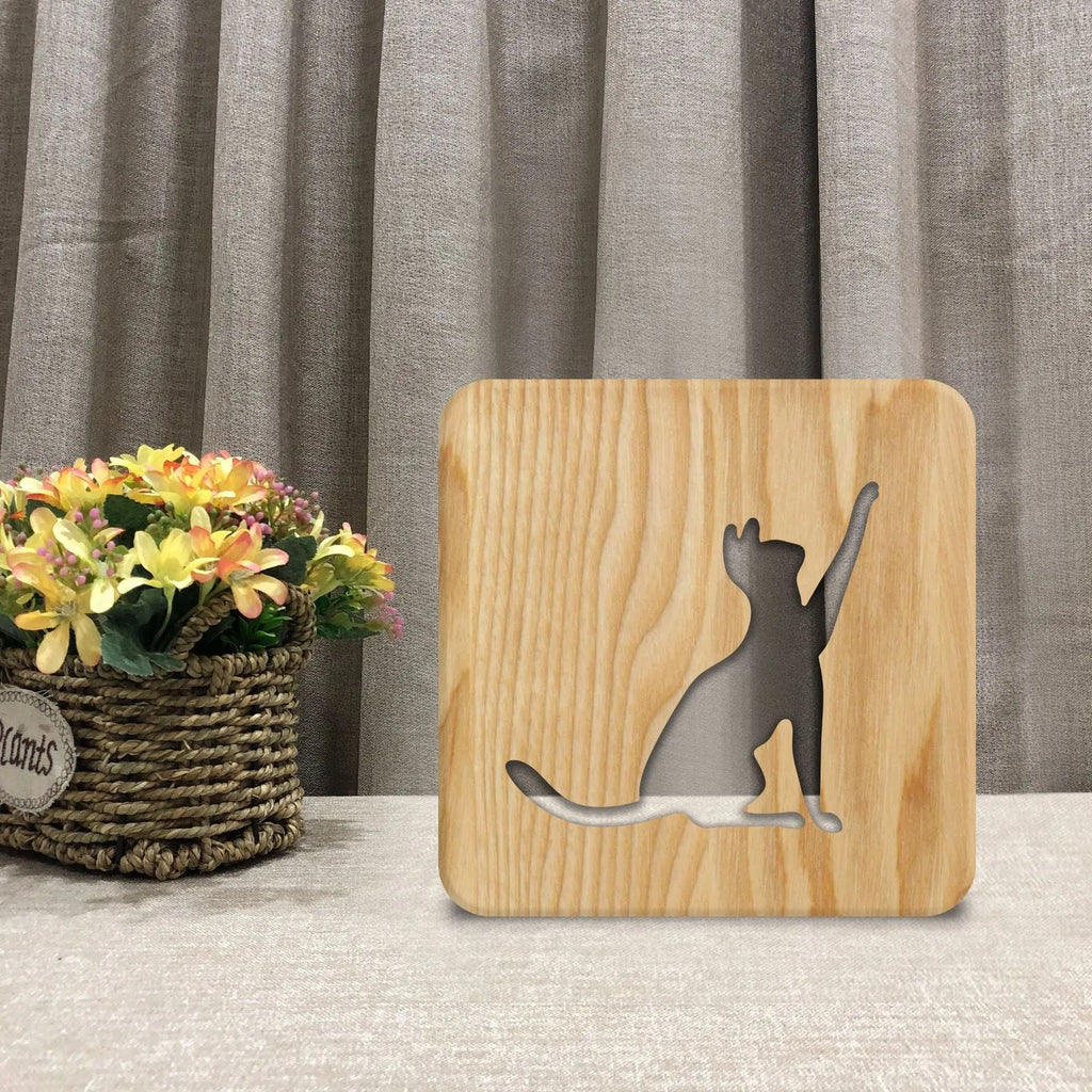 3D cat night light with solid wood hollow design measuring 190mm with USB power cord