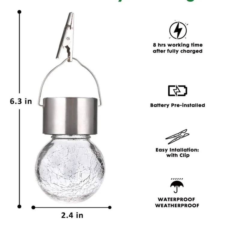 Outdoor solar glass ball chandelier with LED light in a garden, available in colourful, warm, or white light