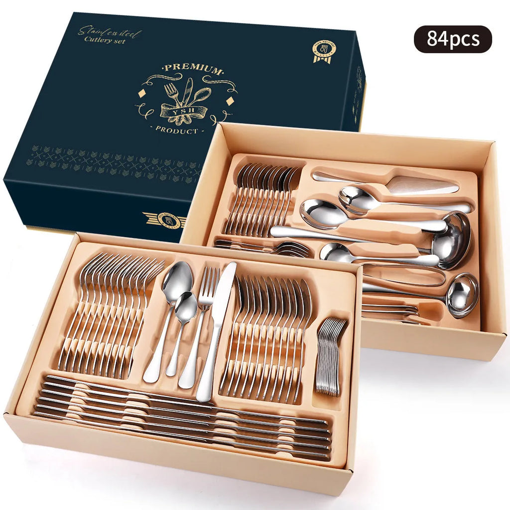 Stainless steel cutlery gift box set with mirror polished finish, silver or gold, 72 or 84 pieces for Western dining