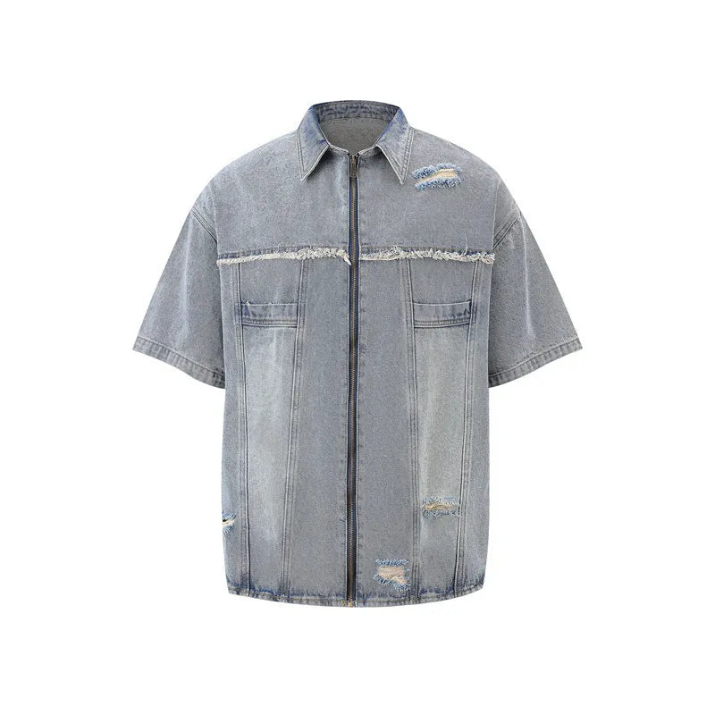 Denim overalls suit in loose street style with short sleeve top and full length trousers