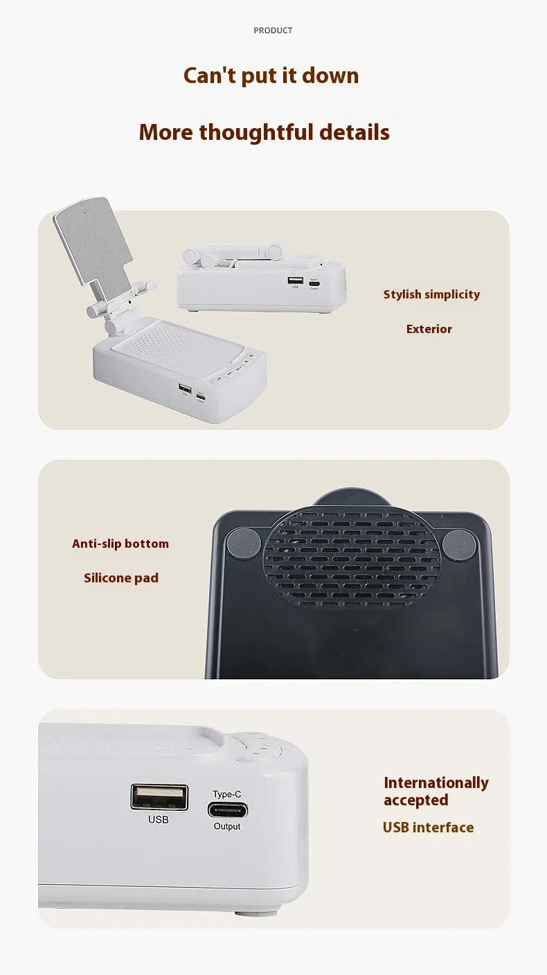 Multifunctional plastic tablet and phone holder in black with Bluetooth-compatible audio