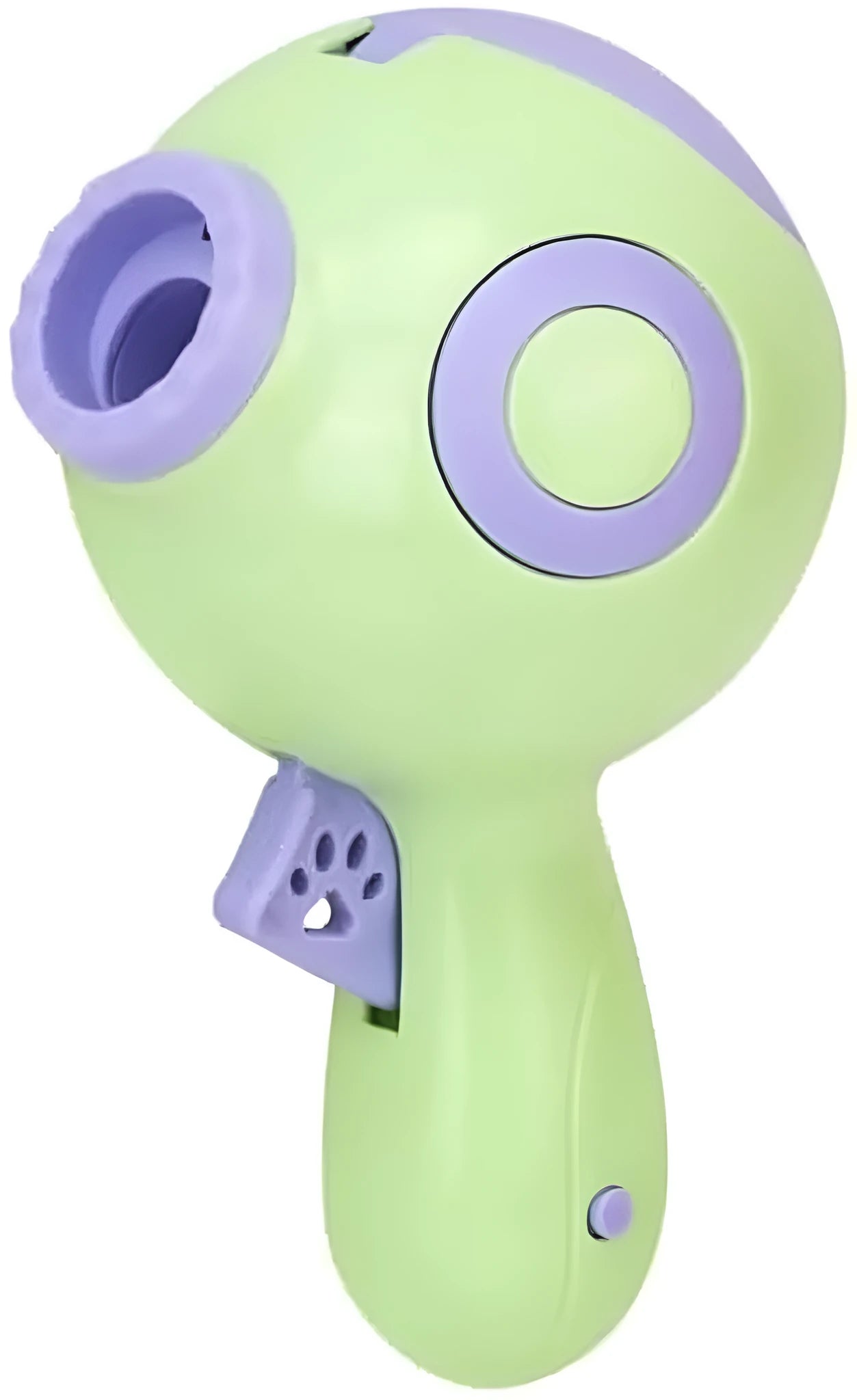 Green, orange or pink plastic dog treat launcher toy for interactive feeding and training