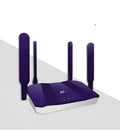 Blue 4G dual-mode router with four external antennas, showing front panel and compact size.