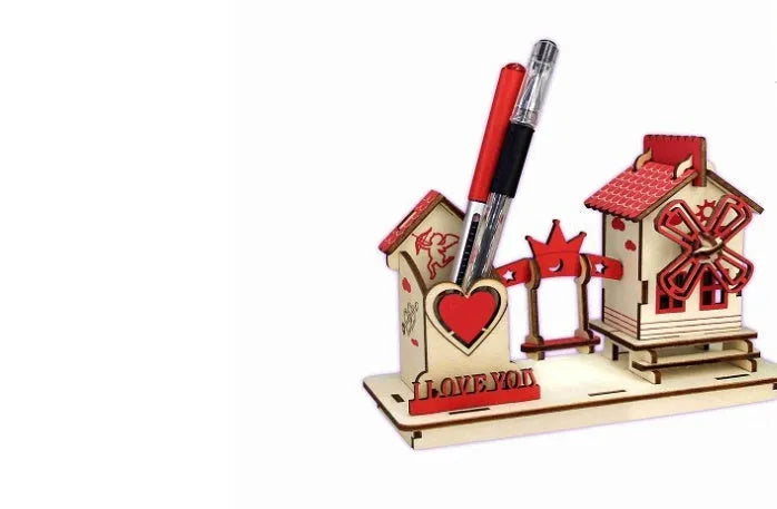 Creative DIY wooden pen holder model three-dimensional puzzle Love Pen Holder in red assembled on desk