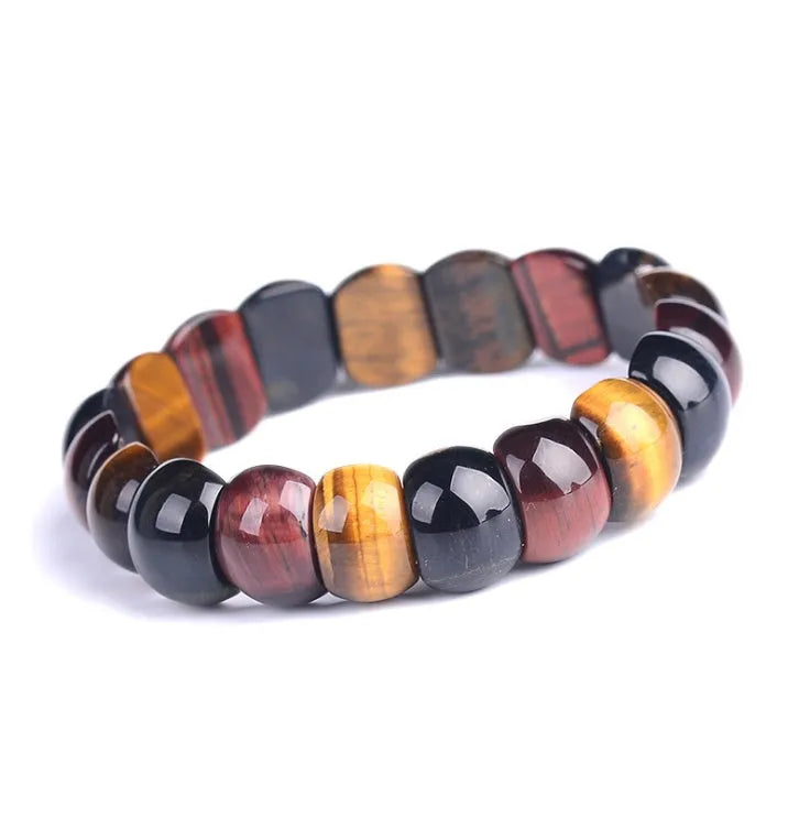 Natural tiger eye stone bracelet with round 14x10mm beads in red colour on a neutral background