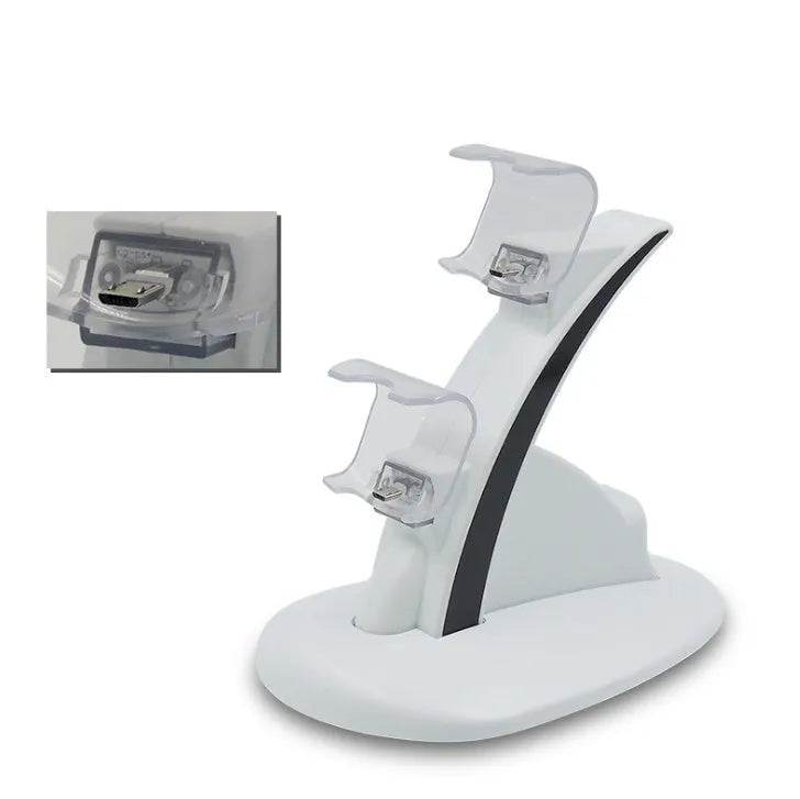 White dual PS4 controller charger with light-up docks showing blue glow and flashing modes