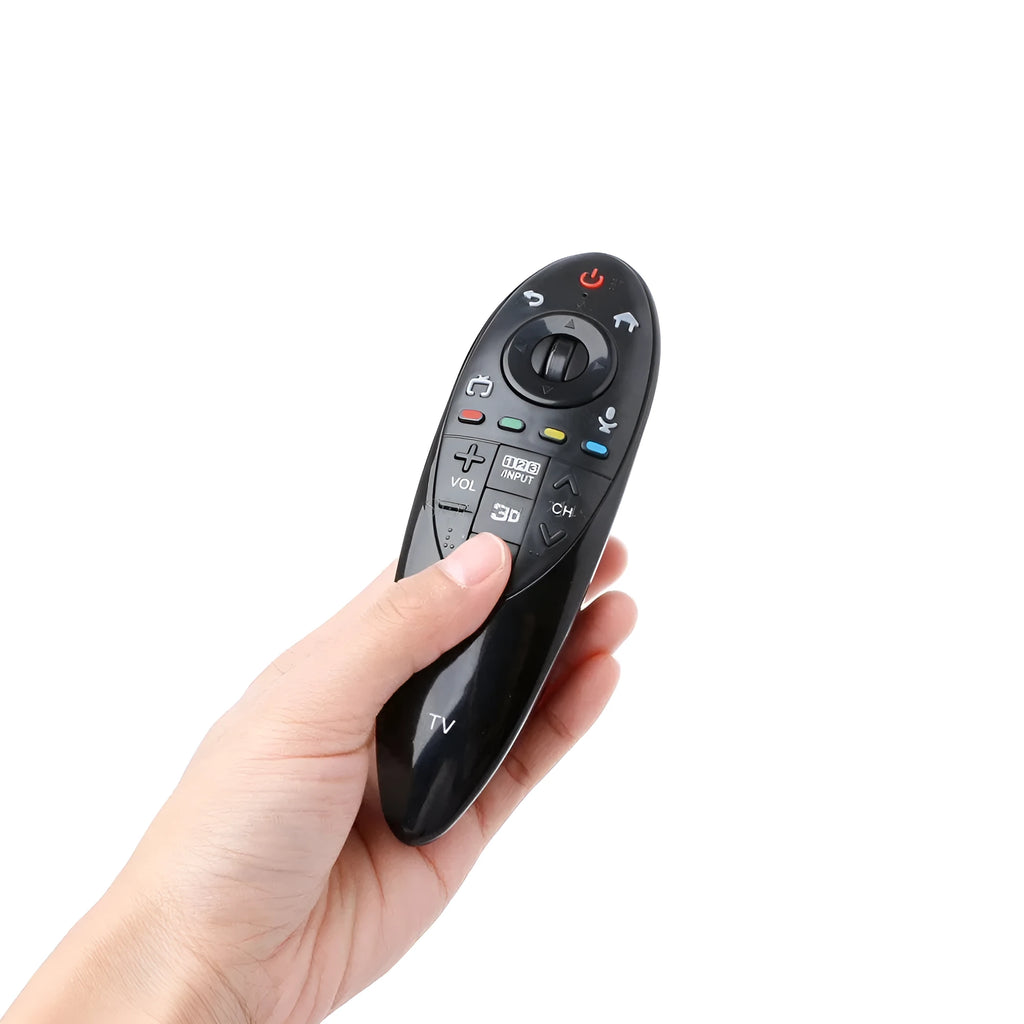 Black universal remote control for LG AN-MR500G and AN-MR500 Smart TVs showing front button layout