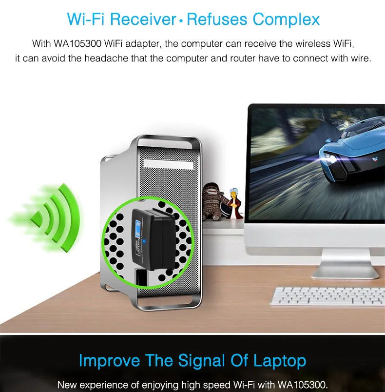 Black 300M mini USB WiFi adapter with RTL8192EU chip, measuring 3.3 x 1.5 x 0.7cm, for Windows, Linux and MAC OS