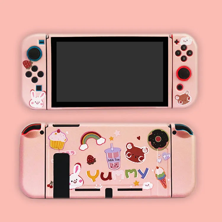 Colourful silicone protective shells for Nintendo Switch in four different character designs.