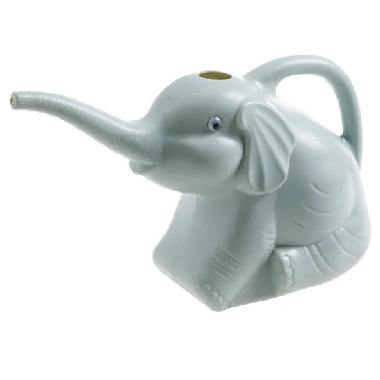 Pink baby elephant shaped plastic watering can with a long spout and bottle-style handle.