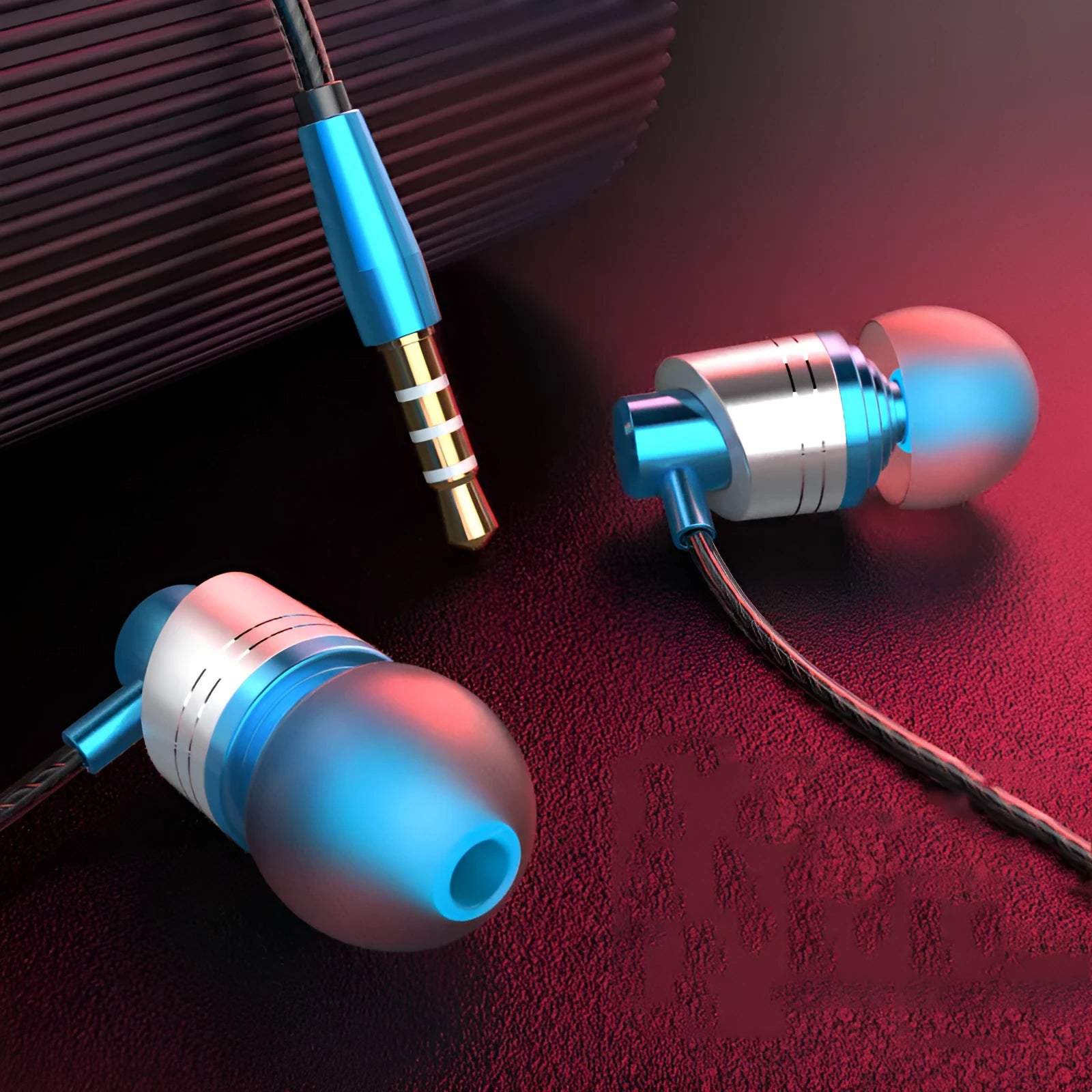 Wired in-ear headset with 3.5mm plug, microphone on cable, in black, blue, or red.