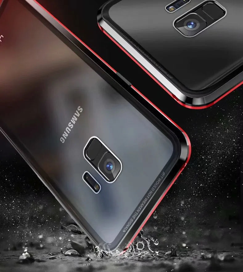 Black clamshell magnetic anti-peeping phone case for Samsung Galaxy phones, shown open and closed.