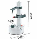 White electric fruit and vegetable peeler with stainless steel blade on a kitchen counter.