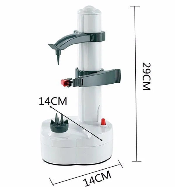 White electric fruit and vegetable peeler with stainless steel blade on a kitchen counter.
