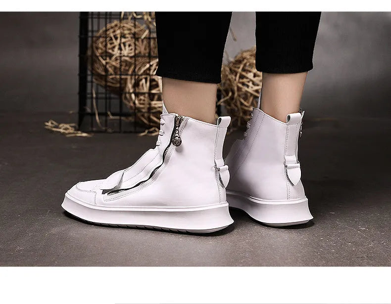 Men's black and white high-top sneaker-style ankle boots made from microfibre PU leather.