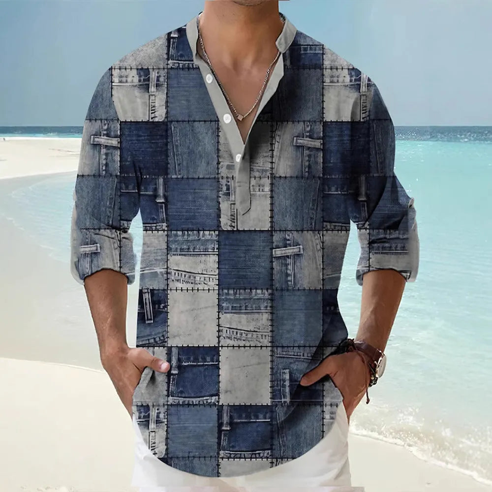Thin striped long sleeve Hawaiian shirt in lilac colour on a hanger