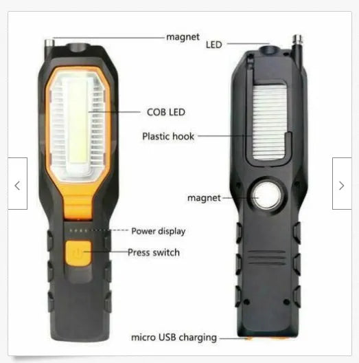 Multifunctional COB work light in ABS plastic housing with LED light, available as dry battery or rechargeable USB model