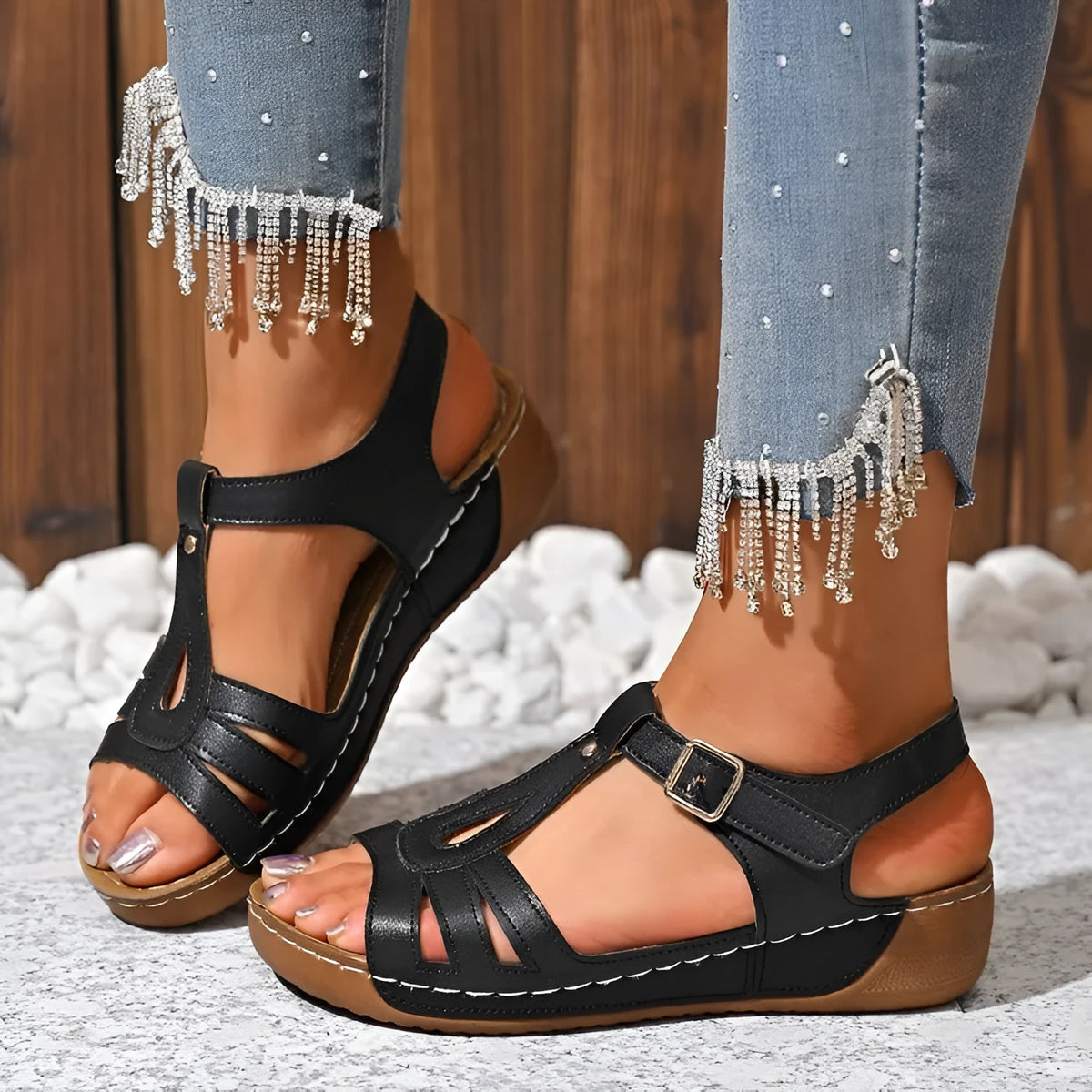 Women's PU ankle-strap buckle sandals with round toe and rubber sole in beige white, black, or dark brown