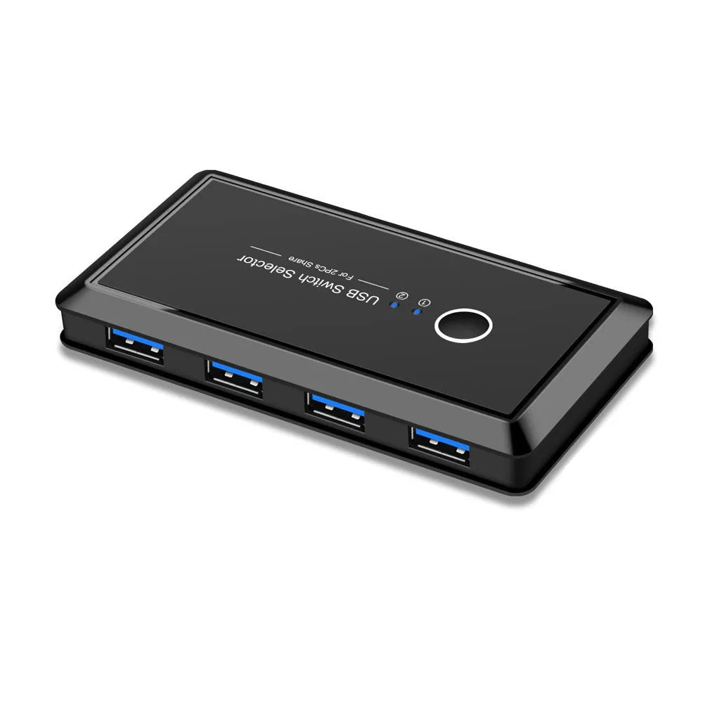 Black USB 3.0 two-in four-out splitter with blue indicator light and button switch