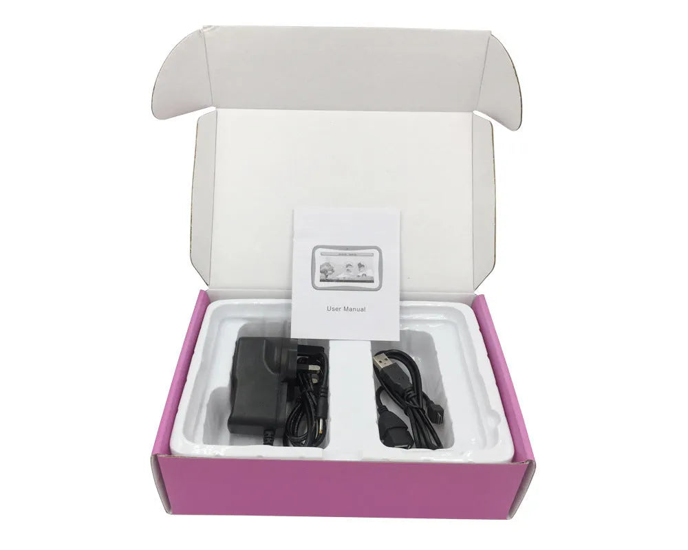 Children's tablet with 7-inch multi-touch screen, 8GB storage, 512MB RAM, ABS plastic shell, available in black, purple, and red.