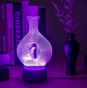 3D acrylic LED night light with touch control showing seven colour change options on ABS base