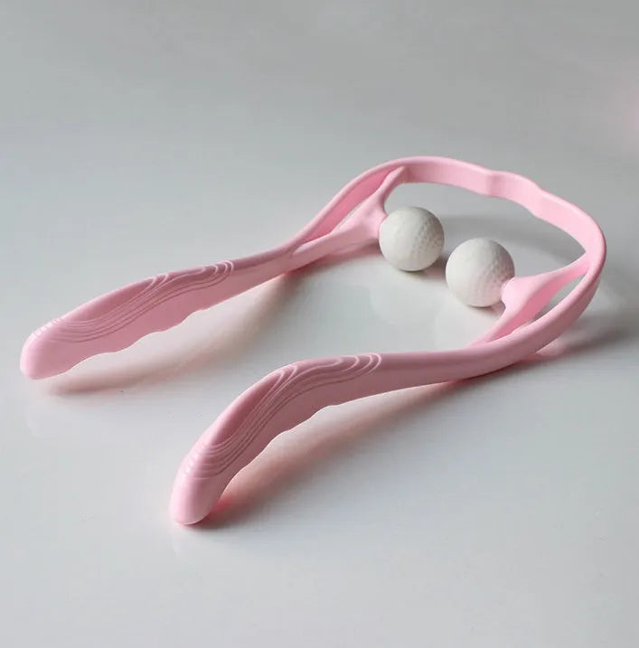 Blue plastic swan-shaped neck massager hand roller with 3D floating points on a white background.