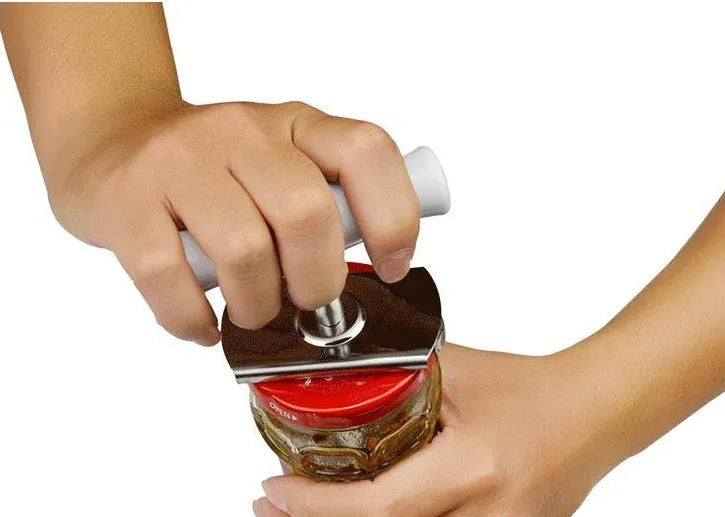 White stainless steel adjustable bottle opener with ABS plastic handle showing gear mechanism