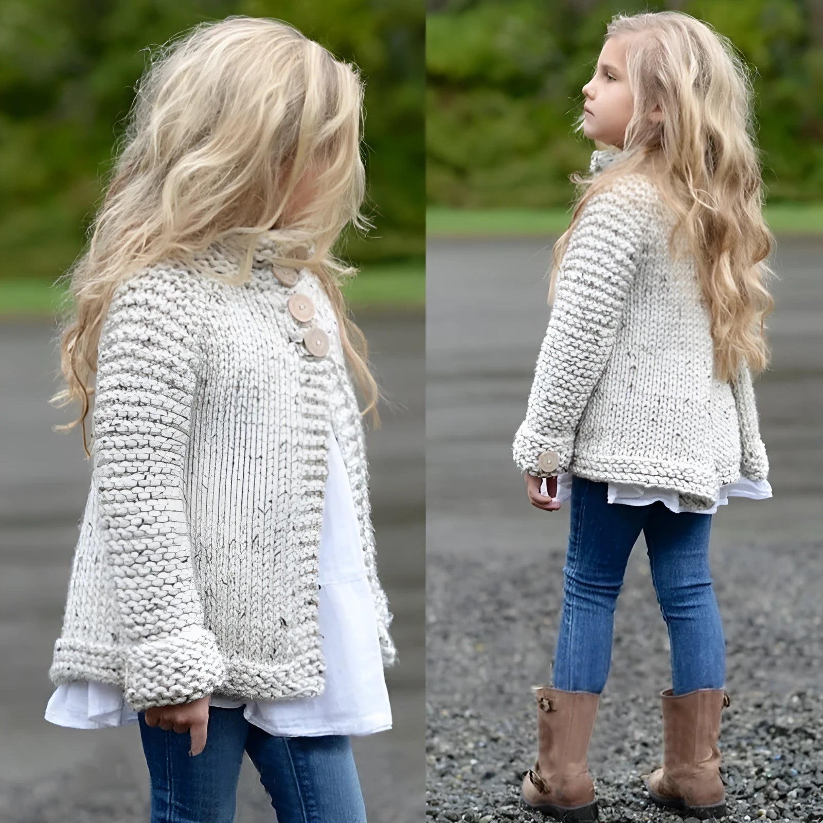 Beige rabbit hair blend girls cardigan sweater coat with long sleeves and single-breasted front