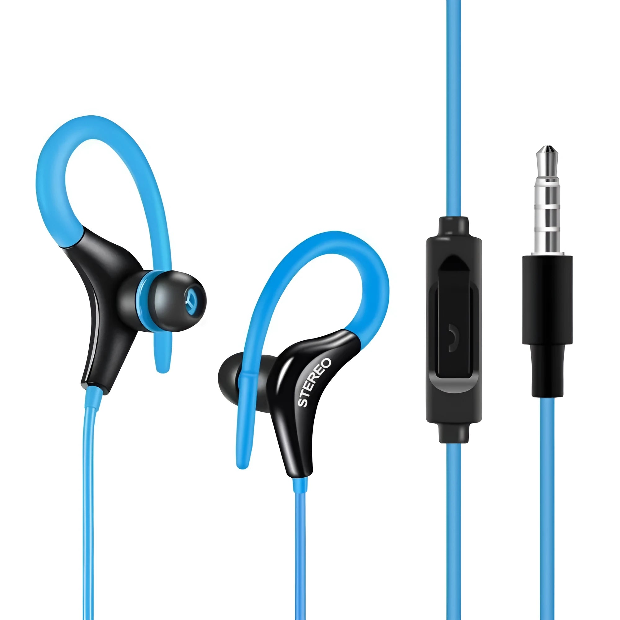 Black wired earhook sport headphones with over-ear hooks and a 3.5mm plug.